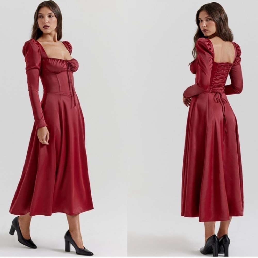 Nwot House Of Cb 'Sebille' Ruby Corset Long Sleeves Midi Dress Sz Xs Plus Cup